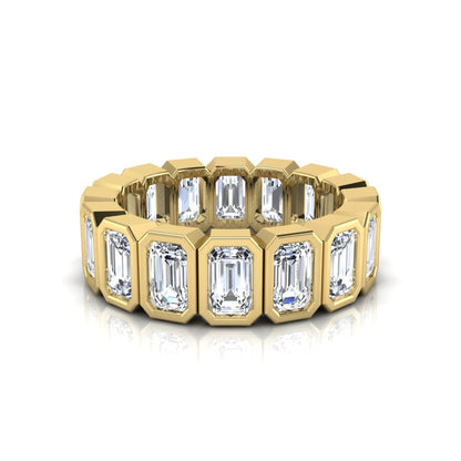 Emerald cut lab grown diamond full eternity ring featuring octagonal bezel-set diamonds in polished yellow gold.