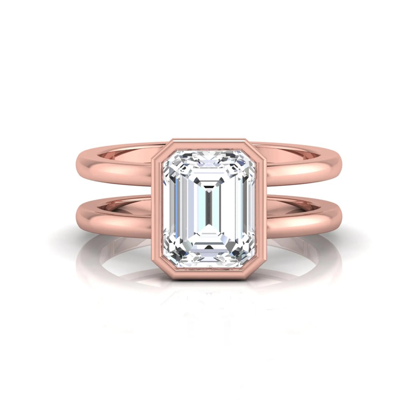 Rose-gold ring with emerald-cut diamond on a white background