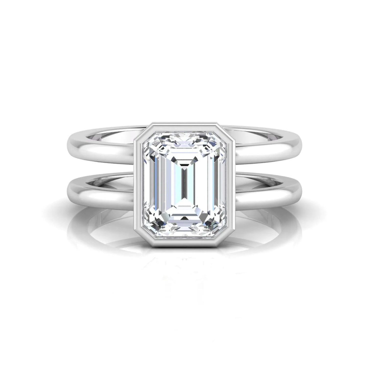 white-gold Diamond ring with emerald-cut gemstone on a white background