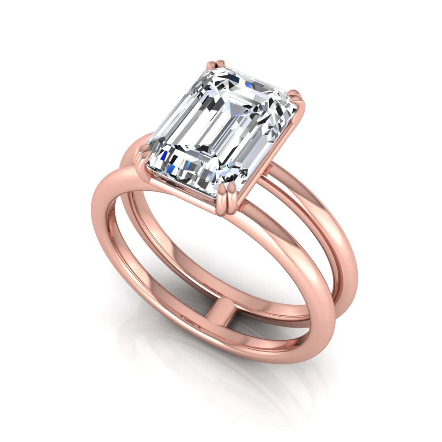 Emerald cut lab grown diamond double band engagement ring featuring a 3.01 carat IGI certified solitaire diamond in a four-prong setting in rose gold