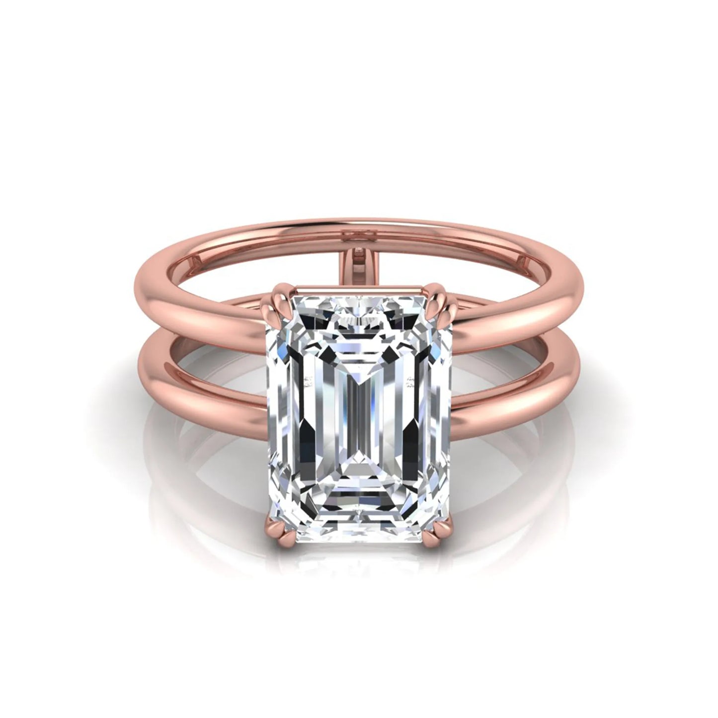 Emerald cut lab grown diamond double band engagement ring featuring a 3.01 carat IGI certified solitaire diamond in a four-prong setting in rose gold