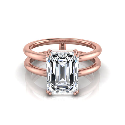 Emerald cut lab grown diamond double band engagement ring featuring a 3.01 carat IGI certified solitaire diamond in a four-prong setting in rose gold