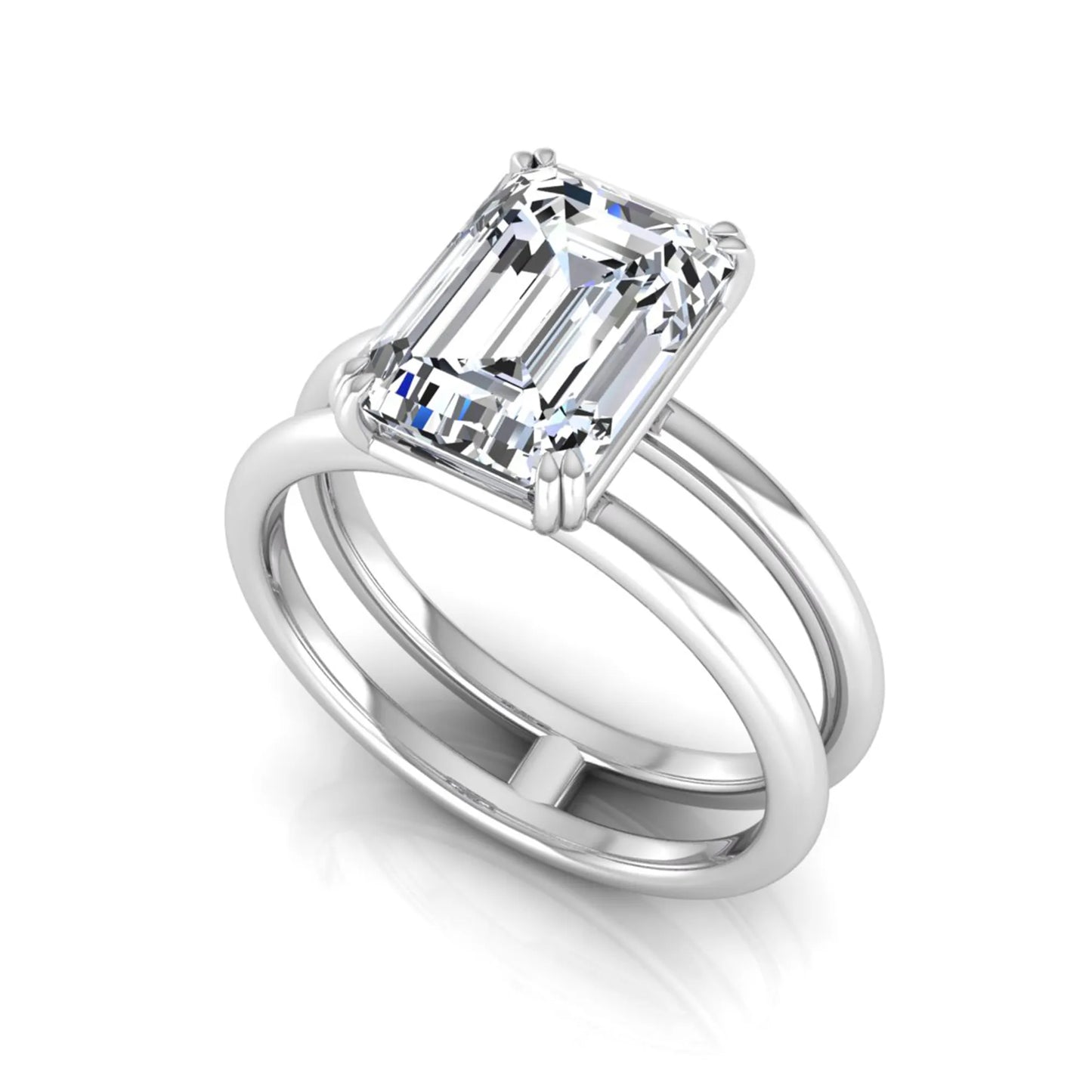 Emerald cut lab grown diamond double band engagement ring featuring a 3.01 carat IGI certified solitaire diamond in a four-prong setting in white gold
