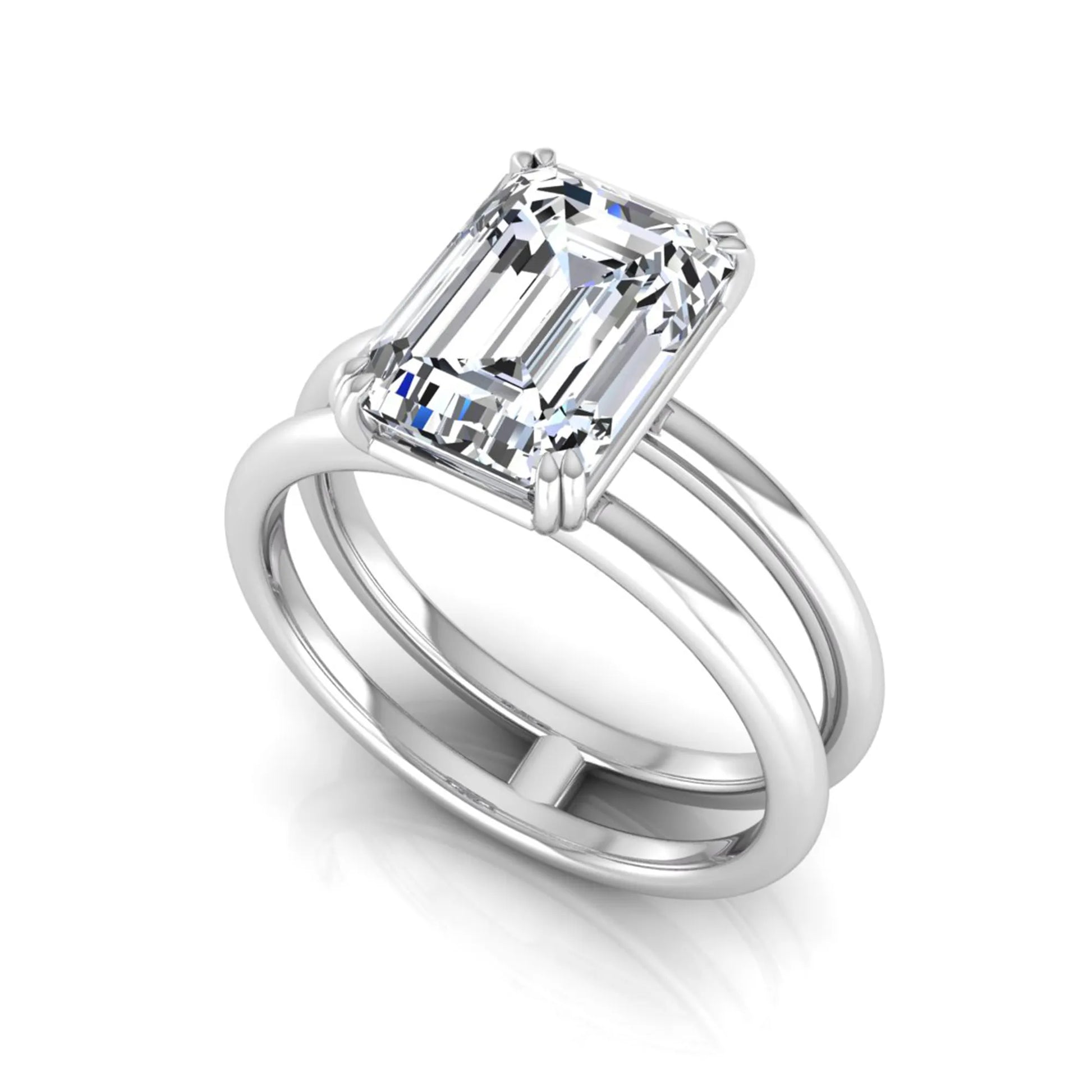 Emerald cut lab grown diamond double band engagement ring featuring a 3.01 carat IGI certified solitaire diamond in a four-prong setting in white gold