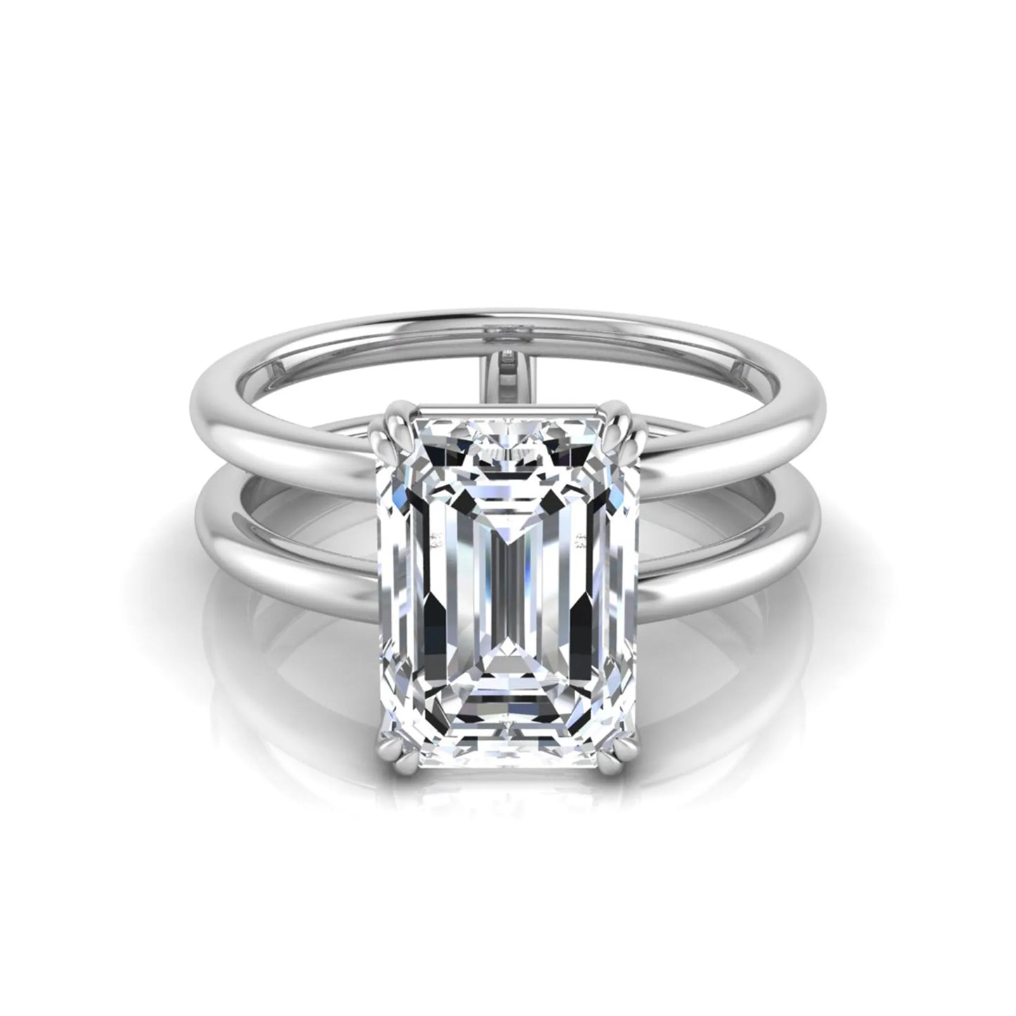 Emerald cut lab grown diamond double band engagement ring featuring a 3.01 carat IGI certified solitaire diamond in a four-prong setting in white gold