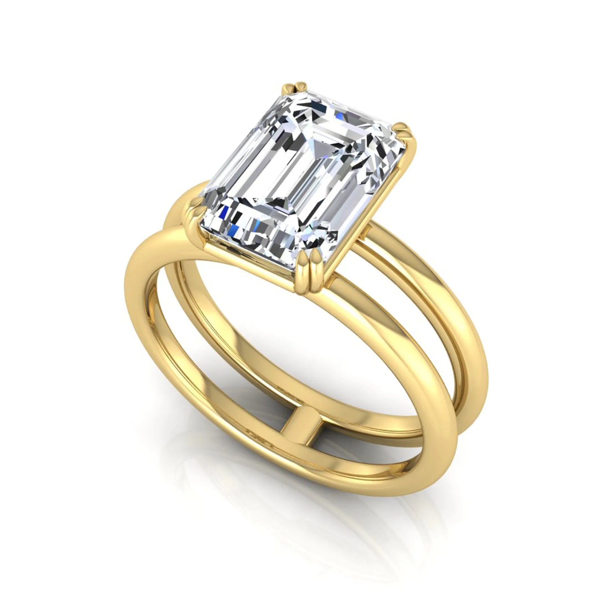 Emerald cut lab grown diamond double band engagement ring featuring a 3.01 carat IGI certified solitaire diamond in a four-prong setting in yellow gold