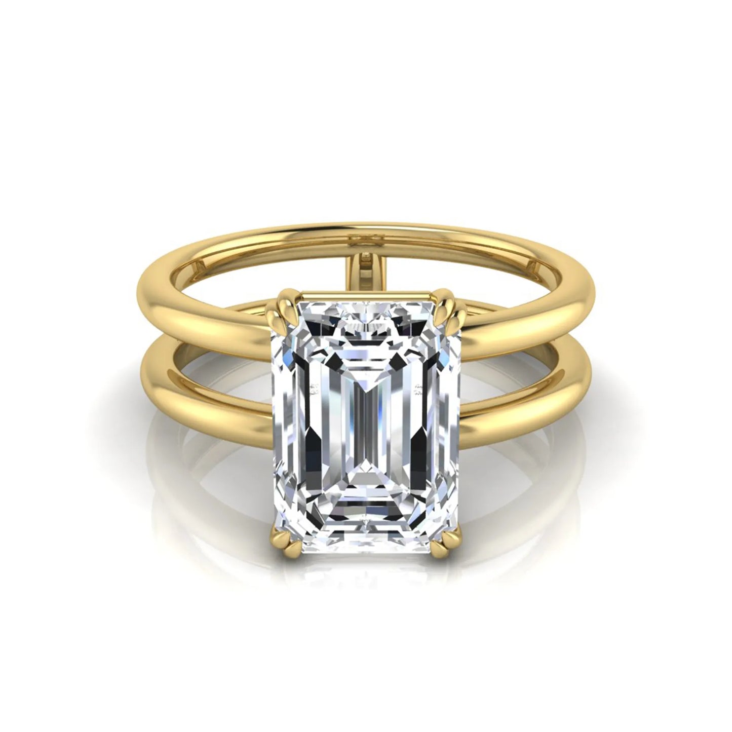 Emerald cut lab grown diamond double band engagement ring featuring a 3.01 carat IGI certified solitaire diamond in a four-prong setting in yellow gold