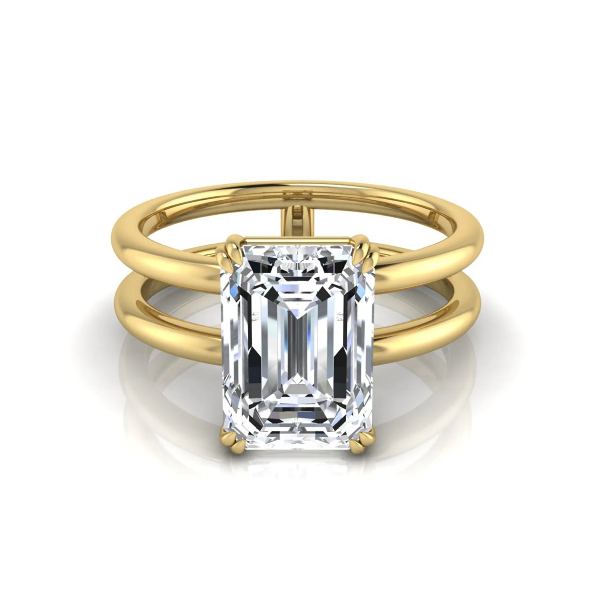 Emerald cut lab grown diamond double band engagement ring featuring a 3.01 carat IGI certified solitaire diamond in a four-prong setting in yellow gold