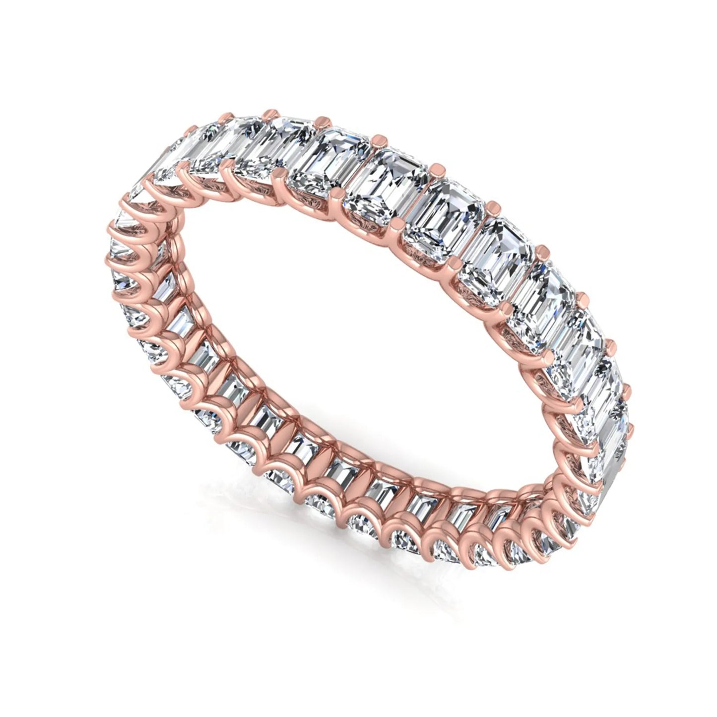 Emerald cut lab grown diamond eternity band featuring a continuous row of shared prong set diamonds in a timeless luxury design in rose gold