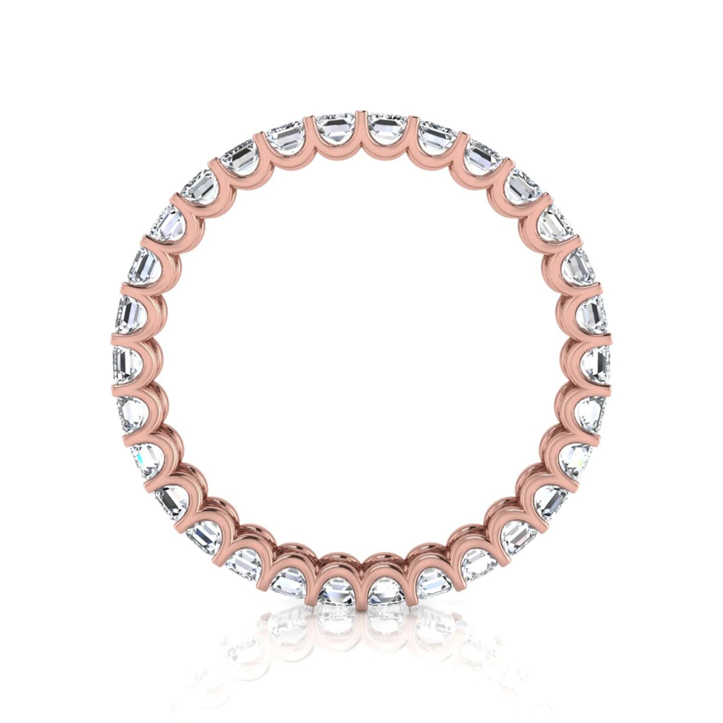 Emerald cut lab grown diamond eternity band featuring a continuous row of shared prong set diamonds in a timeless luxury design in rose gold