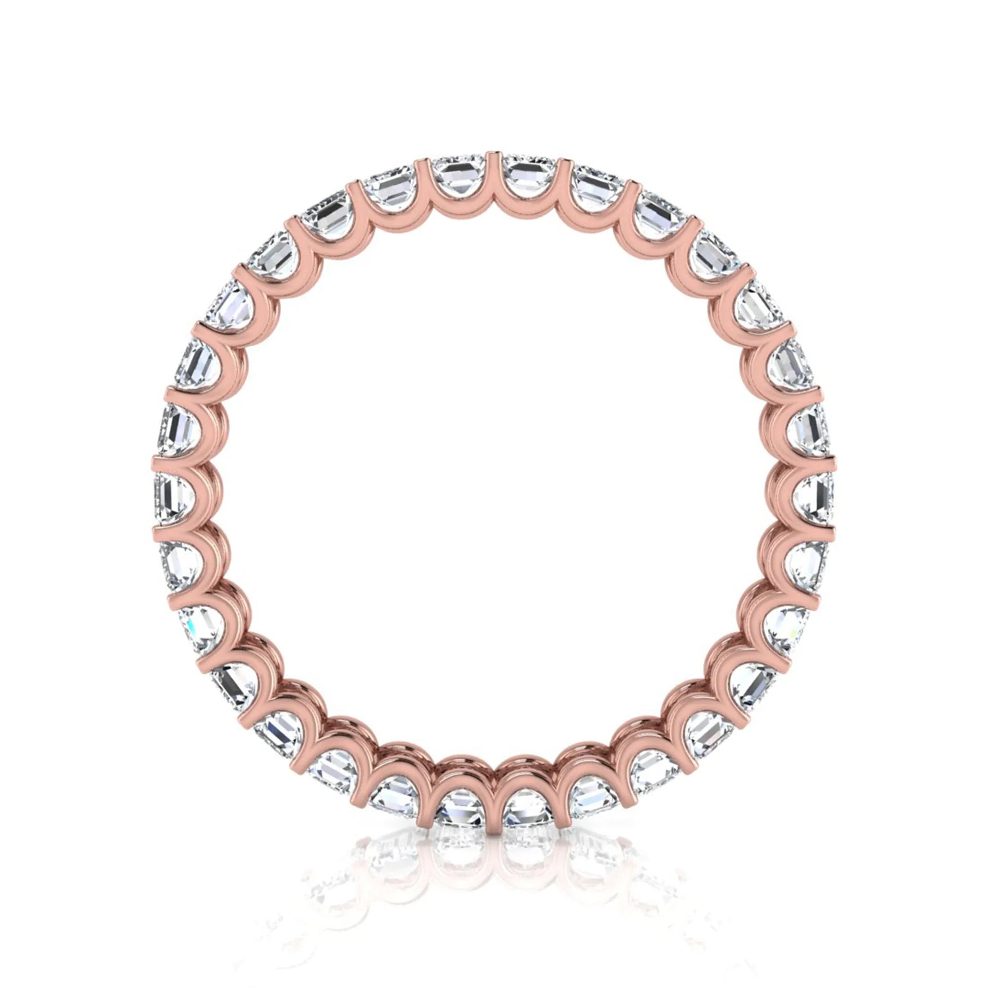 Emerald cut lab grown diamond eternity band featuring a continuous row of shared prong set diamonds in a timeless luxury design in rose gold