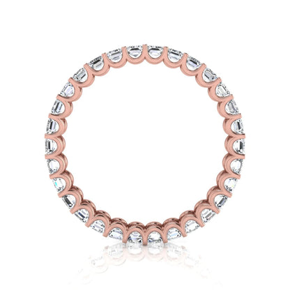 Emerald cut lab grown diamond eternity band featuring a continuous row of shared prong set diamonds in a timeless luxury design in rose gold