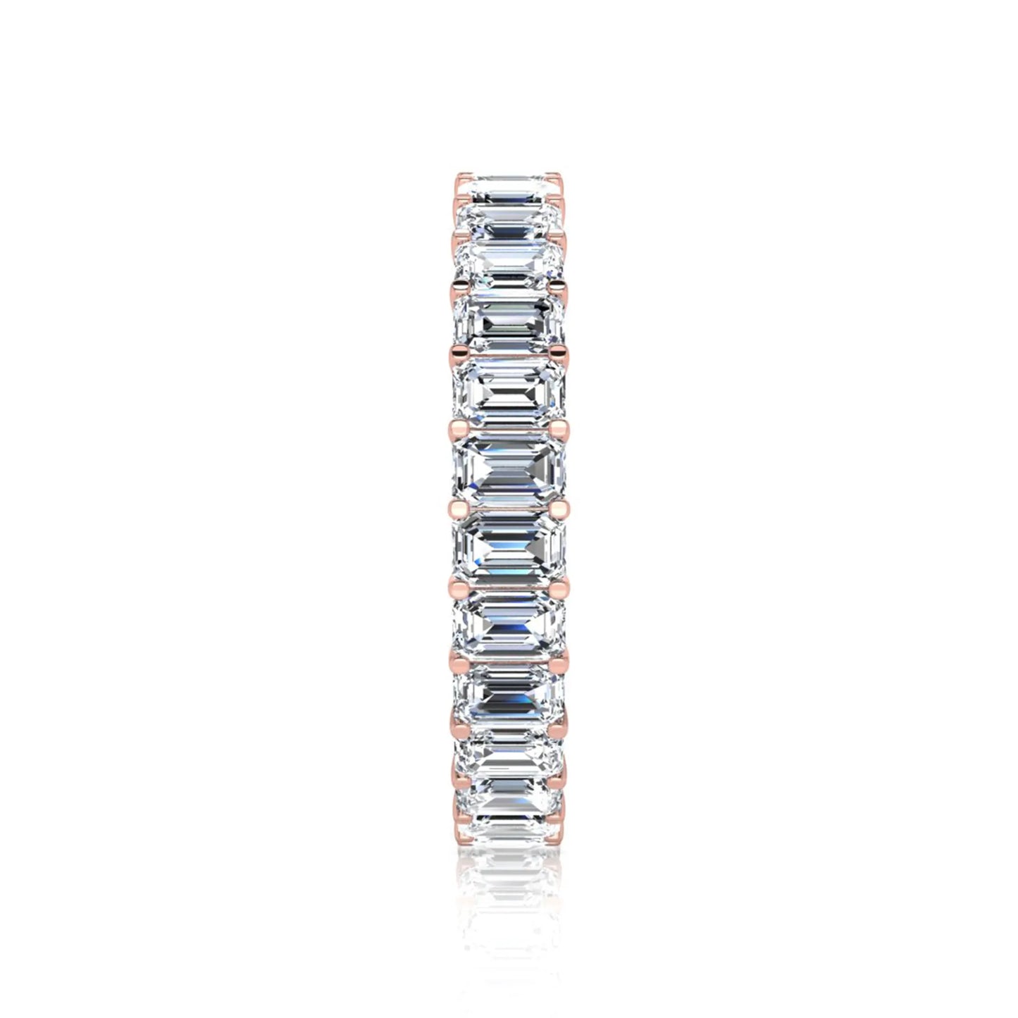 Emerald cut lab grown diamond eternity band featuring a continuous row of shared prong set diamonds in a timeless luxury design in rose gold