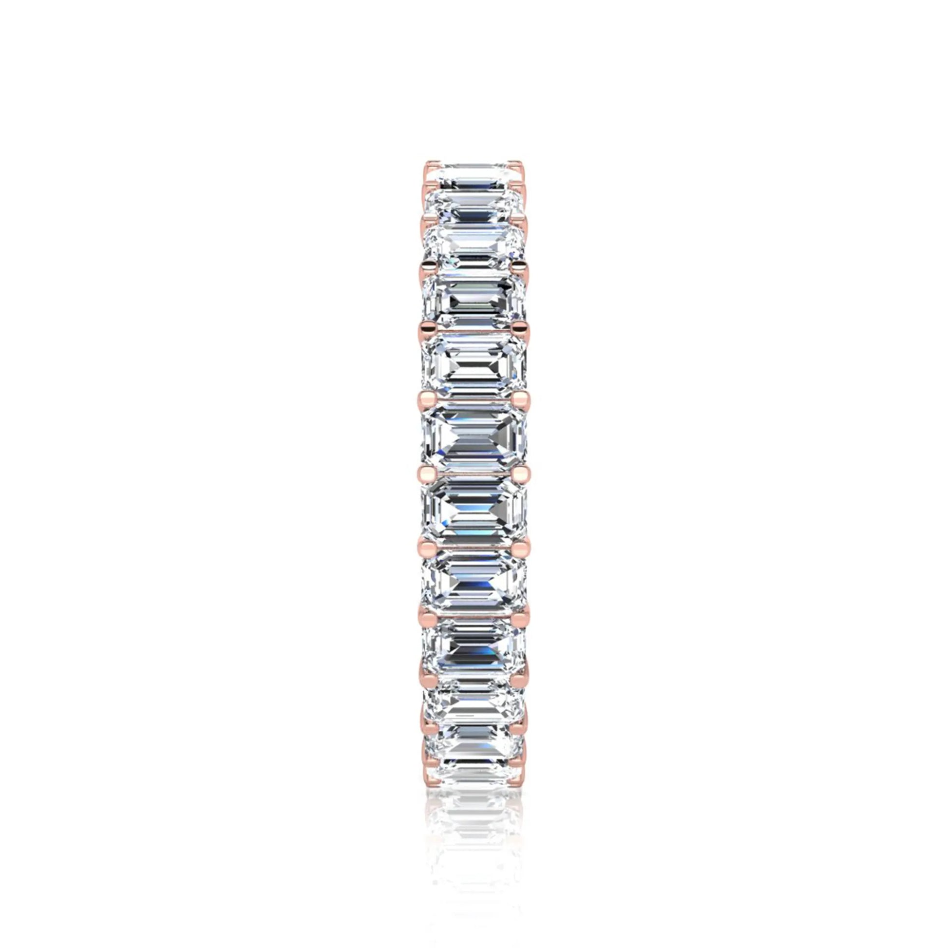 Emerald cut lab grown diamond eternity band featuring a continuous row of shared prong set diamonds in a timeless luxury design in rose gold
