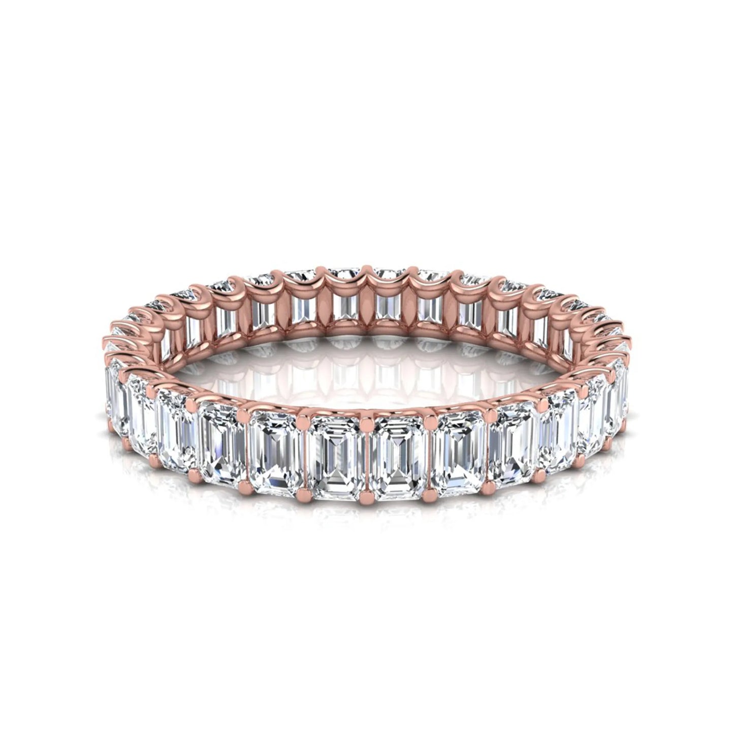 Emerald cut lab grown diamond eternity band featuring a continuous row of shared prong set diamonds in a timeless luxury design in rose gold