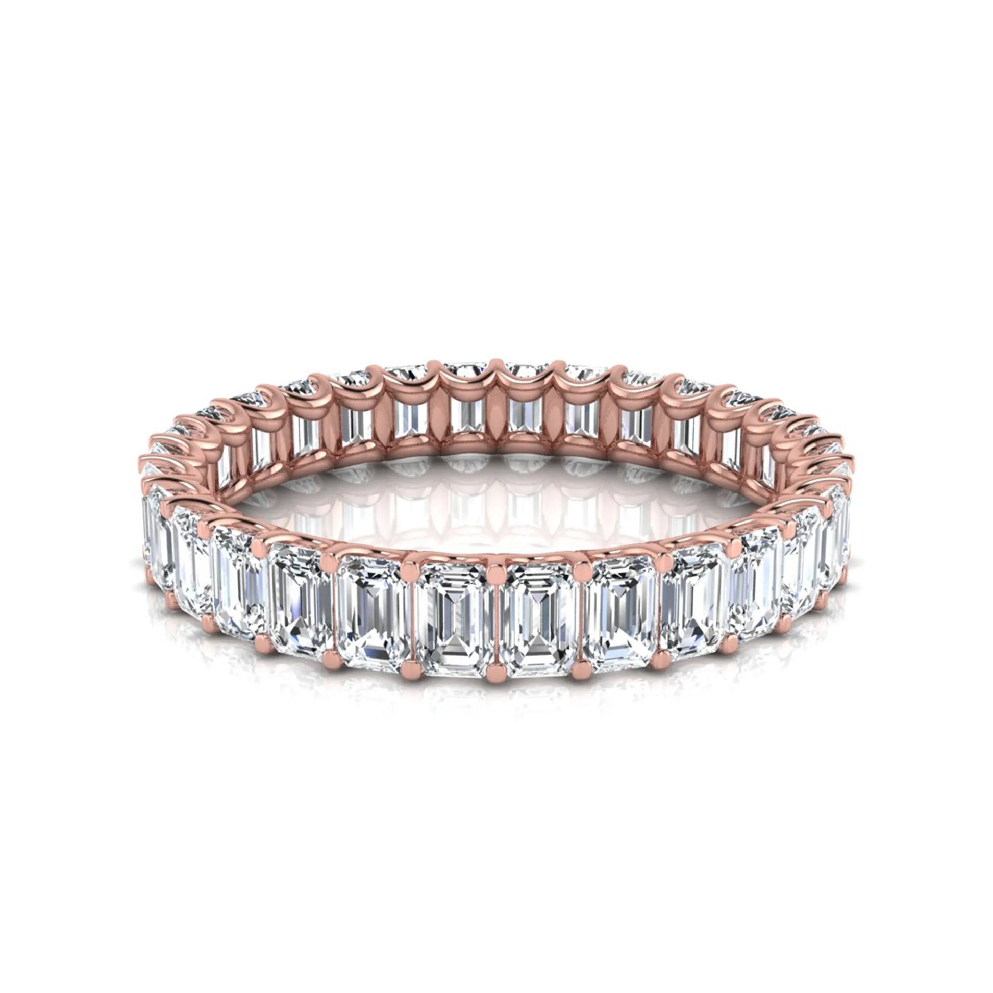 Emerald cut lab grown diamond eternity band featuring a continuous row of shared prong set diamonds in a timeless luxury design in rose gold