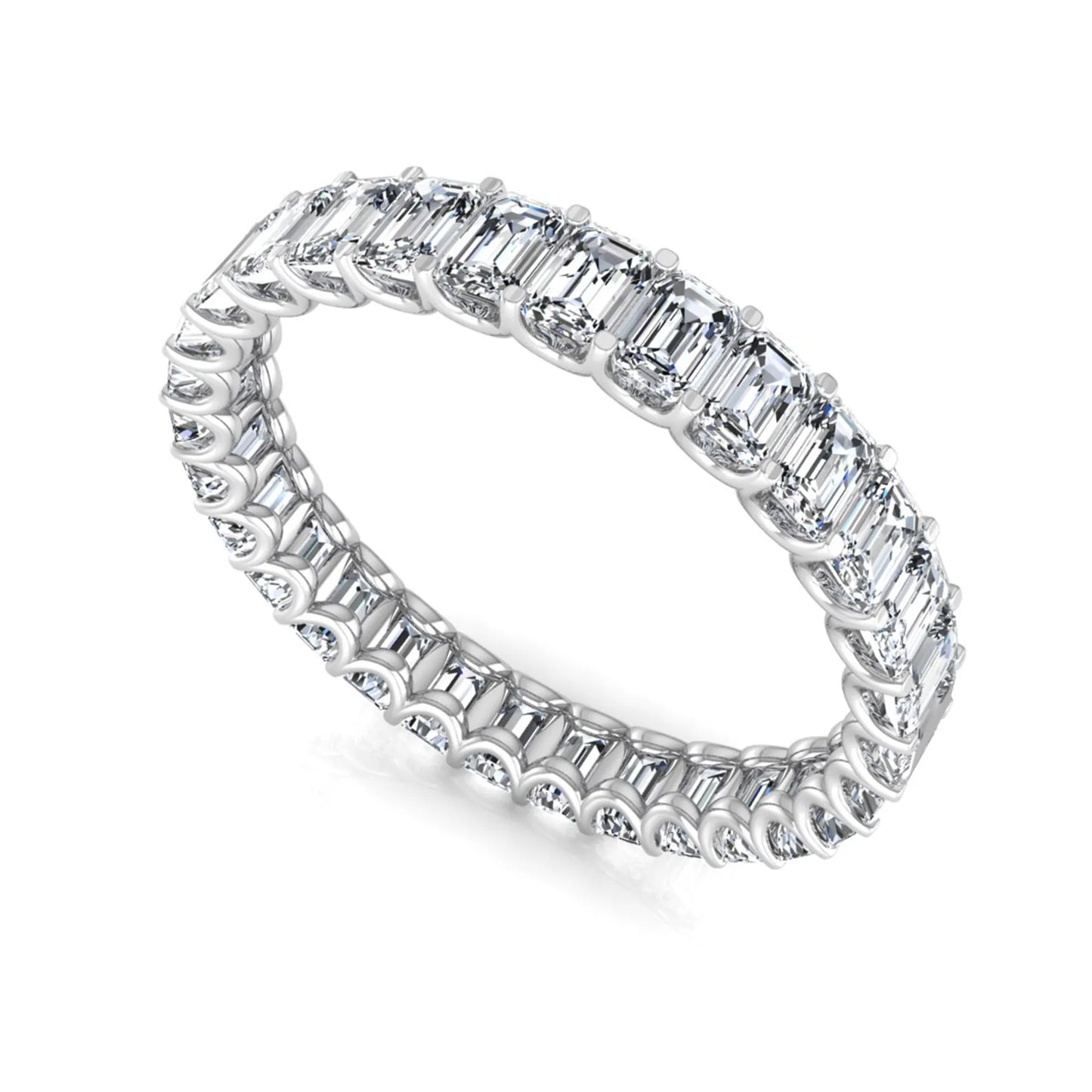 Emerald cut lab grown diamond eternity band featuring a continuous row of shared prong set diamonds in a timeless luxury design in white gold