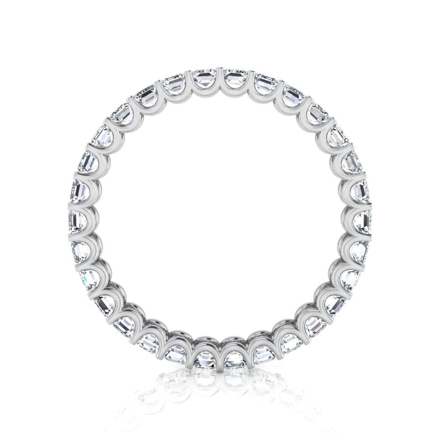 Emerald cut lab grown diamond eternity band featuring a continuous row of shared prong set diamonds in a timeless luxury design in white gold