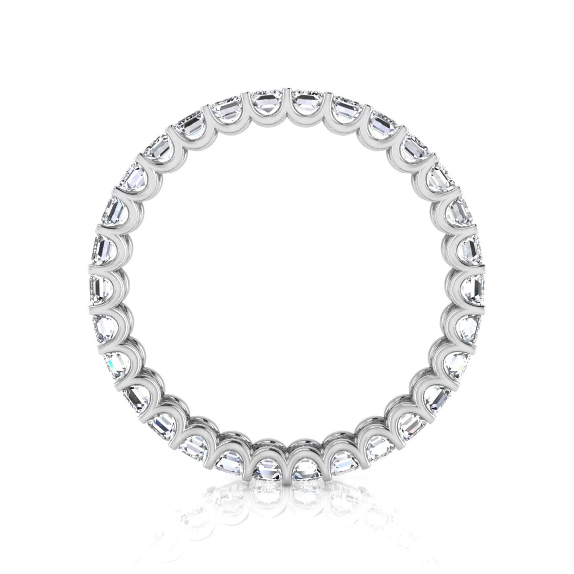 Emerald cut lab grown diamond eternity band featuring a continuous row of shared prong set diamonds in a timeless luxury design in white gold