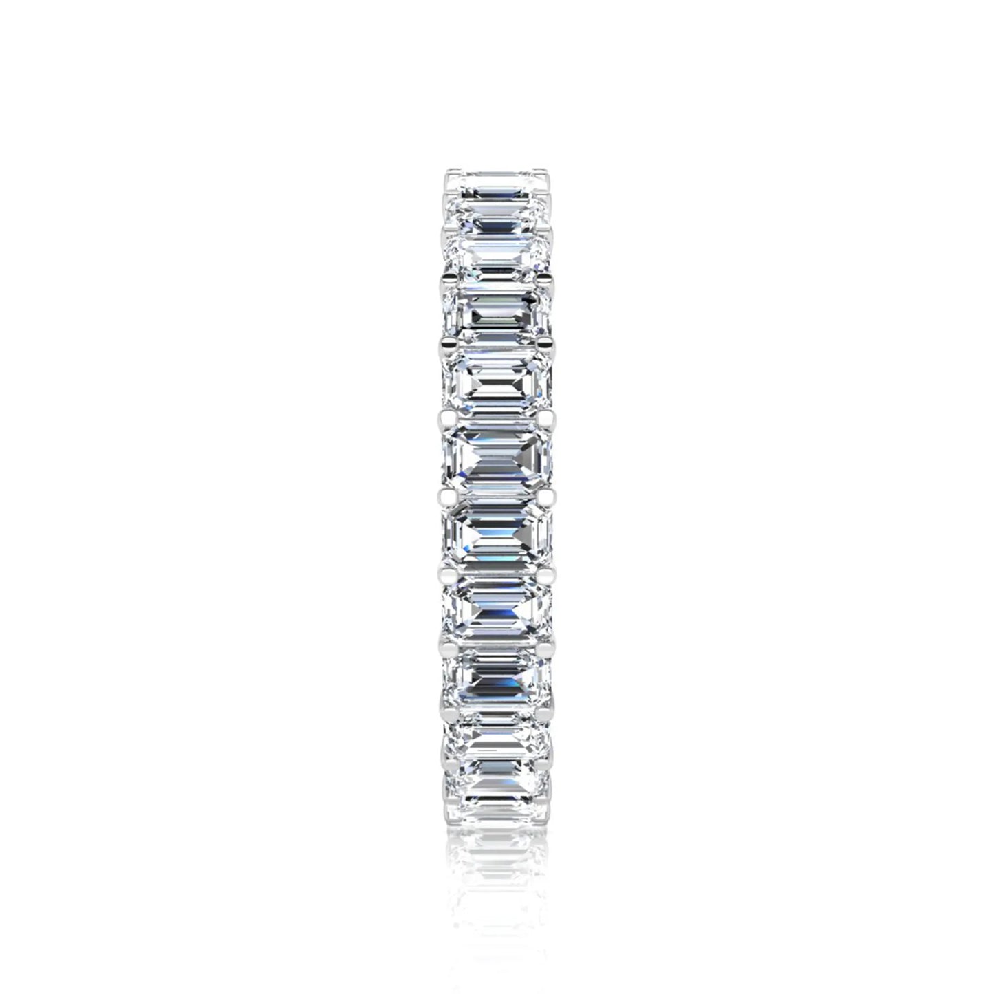 Emerald cut lab grown diamond eternity band featuring a continuous row of shared prong set diamonds in a timeless luxury design in white gold