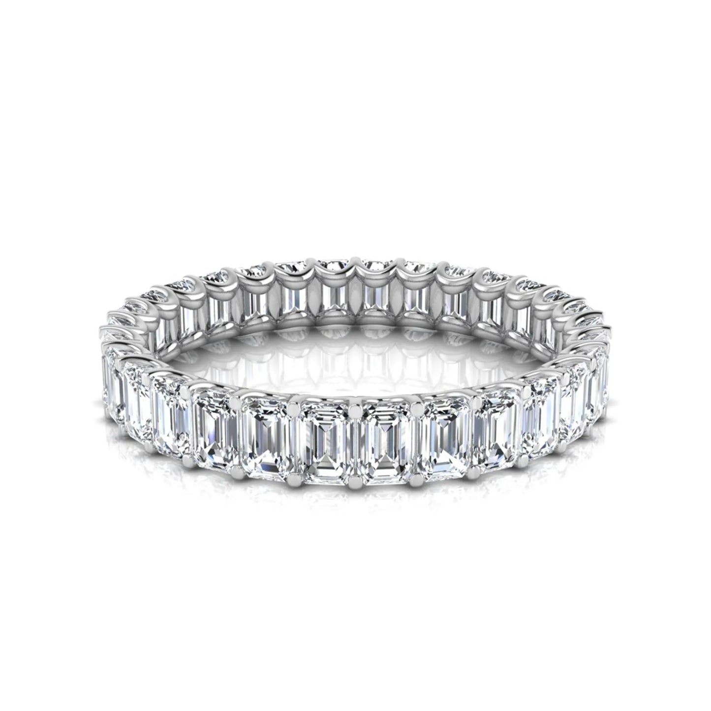 Emerald cut lab grown diamond eternity band featuring a continuous row of shared prong set diamonds in a timeless luxury design in white gold