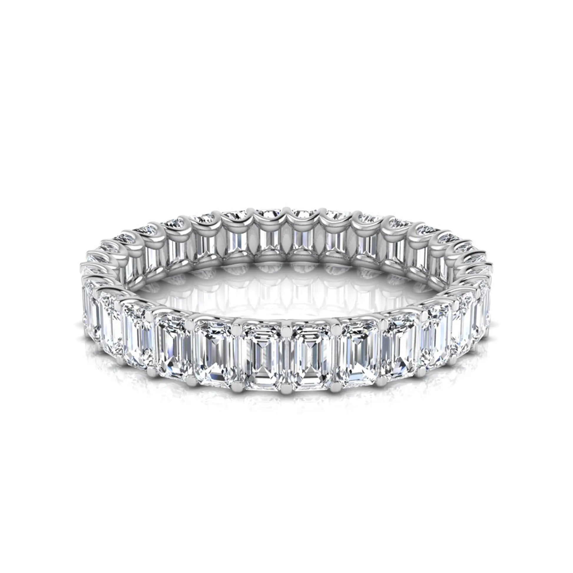 Emerald cut lab grown diamond eternity band featuring a continuous row of shared prong set diamonds in a timeless luxury design in white gold