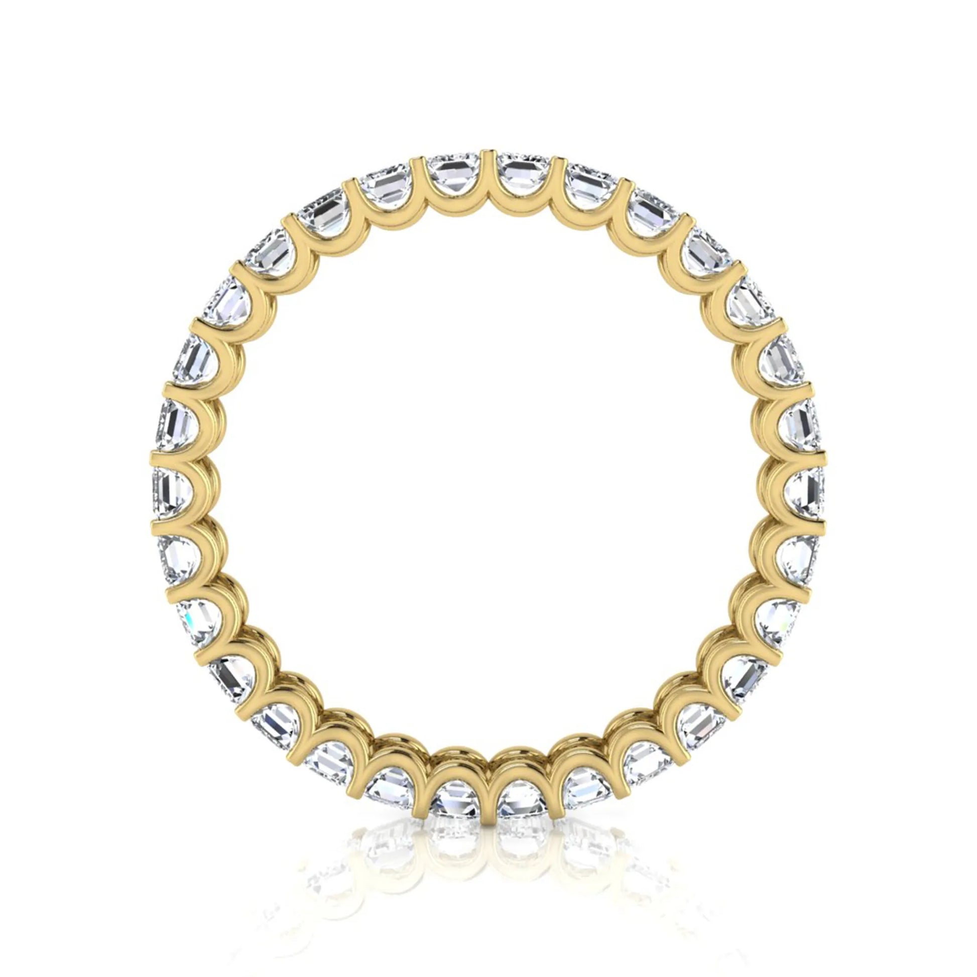Emerald cut lab grown diamond eternity band featuring a continuous row of shared prong set diamonds in a timeless luxury design in yellow gold
