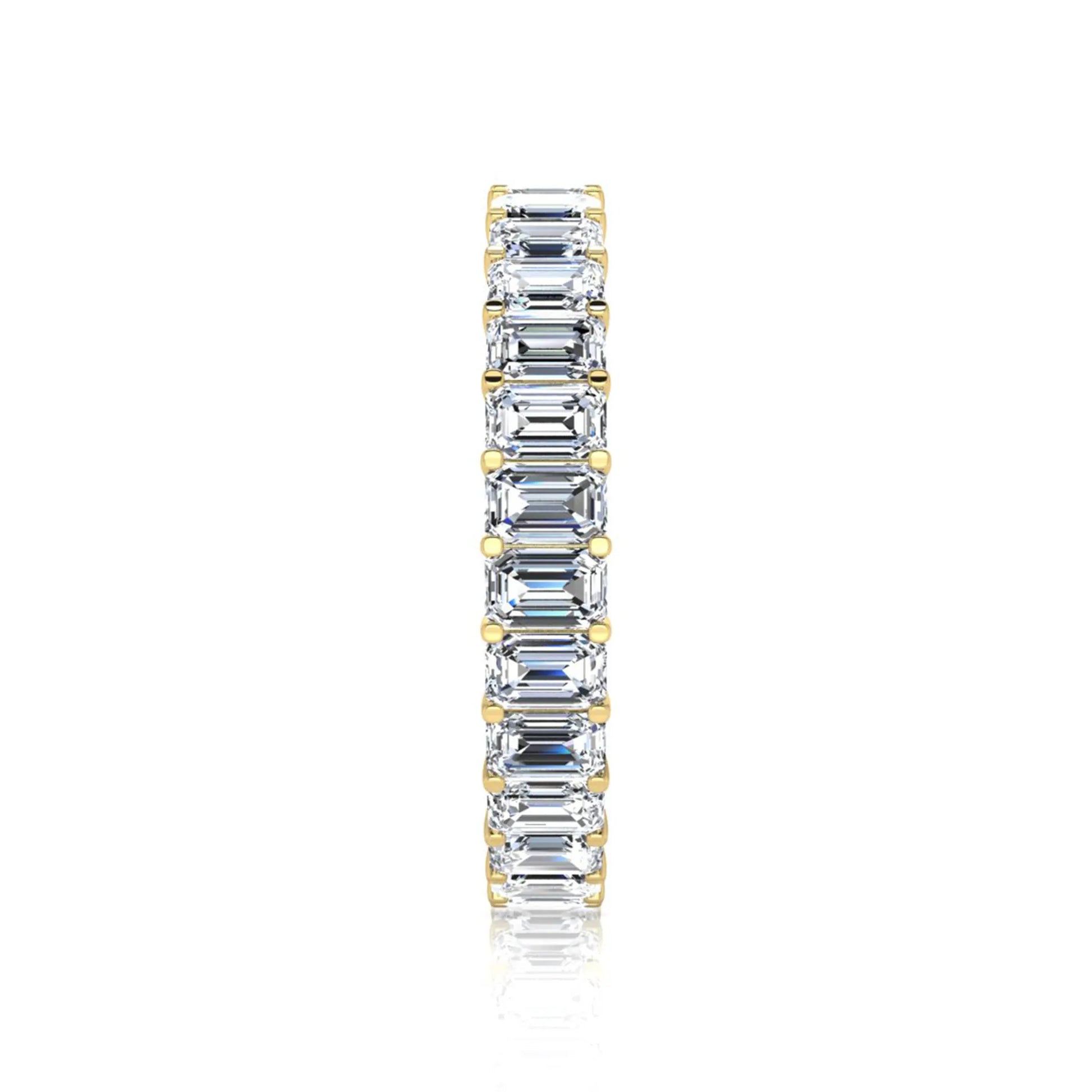 Emerald cut lab grown diamond eternity band featuring a continuous row of shared prong set diamonds in a timeless luxury design in yellow gold