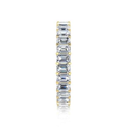 Emerald cut lab grown diamond eternity band featuring a continuous row of shared prong set diamonds in a timeless luxury design in yellow gold