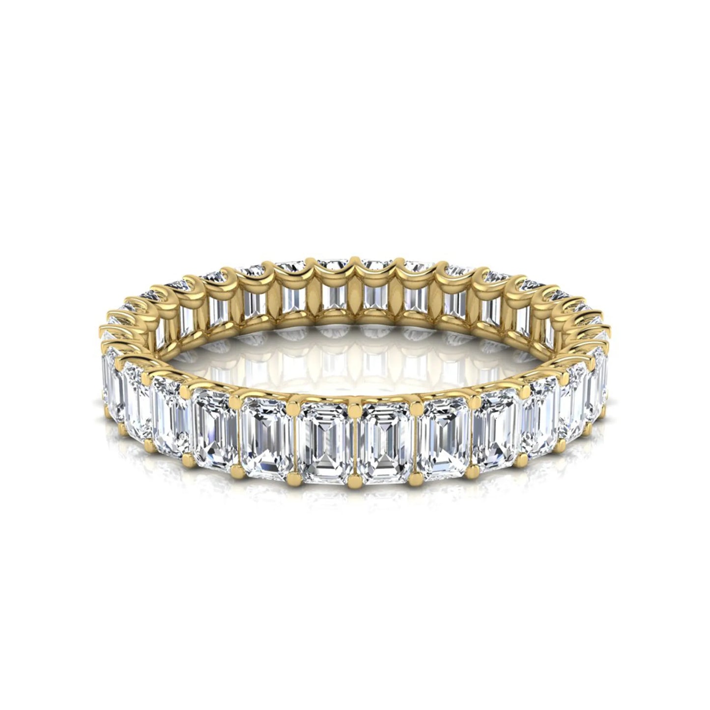 Emerald cut lab grown diamond eternity band featuring a continuous row of shared prong set diamonds in a timeless luxury design in yellow gold