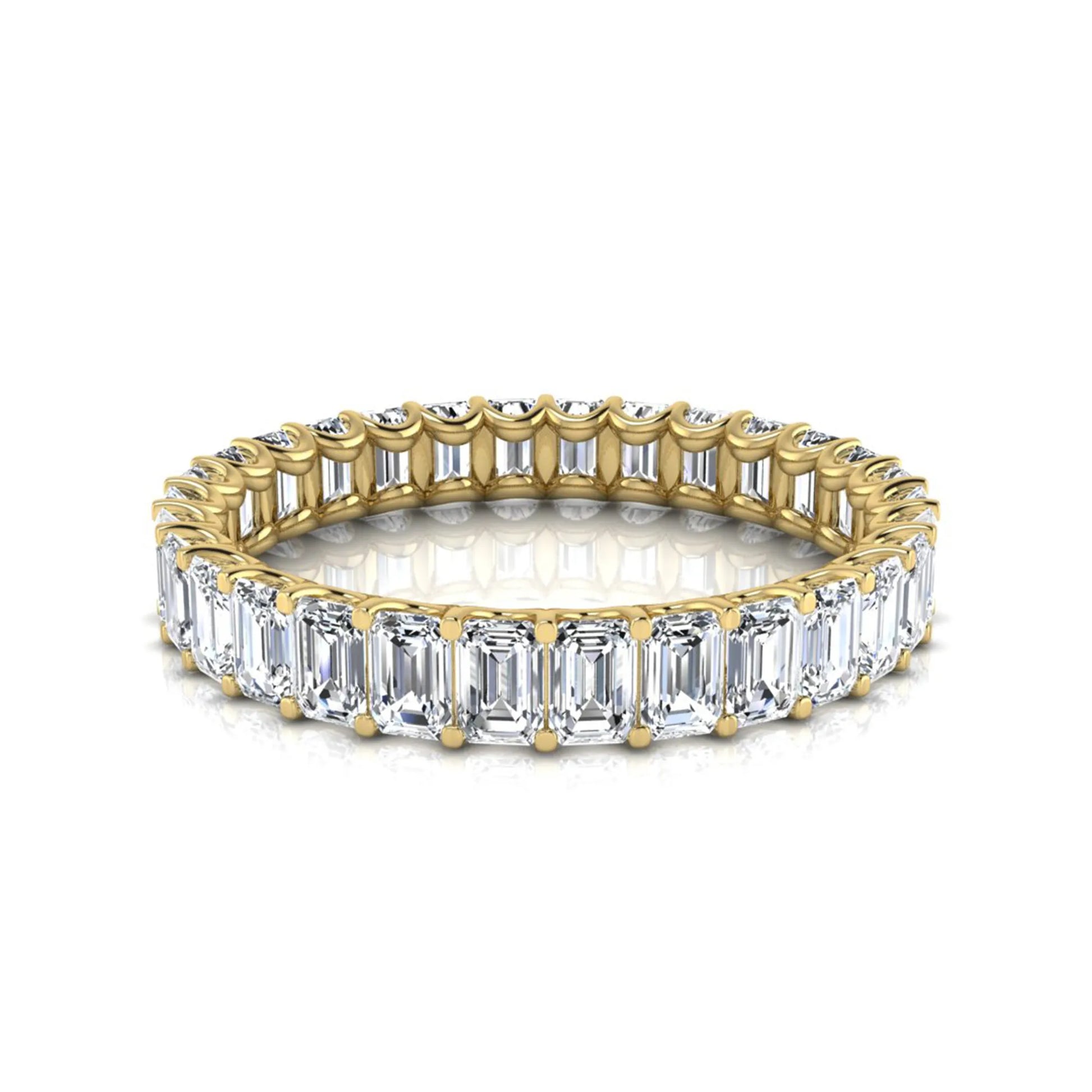 Emerald cut lab grown diamond eternity band featuring a continuous row of shared prong set diamonds in a timeless luxury design in yellow gold