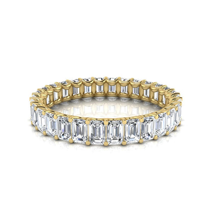 Emerald cut lab grown diamond eternity band featuring a continuous row of shared prong set diamonds in a timeless luxury design in yellow gold