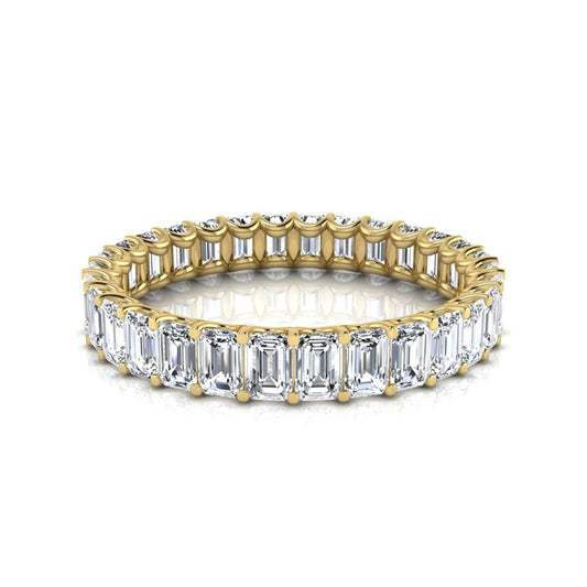 Emerald cut lab grown diamond eternity band featuring a continuous row of shared prong set diamonds in a timeless luxury design in yellow gold