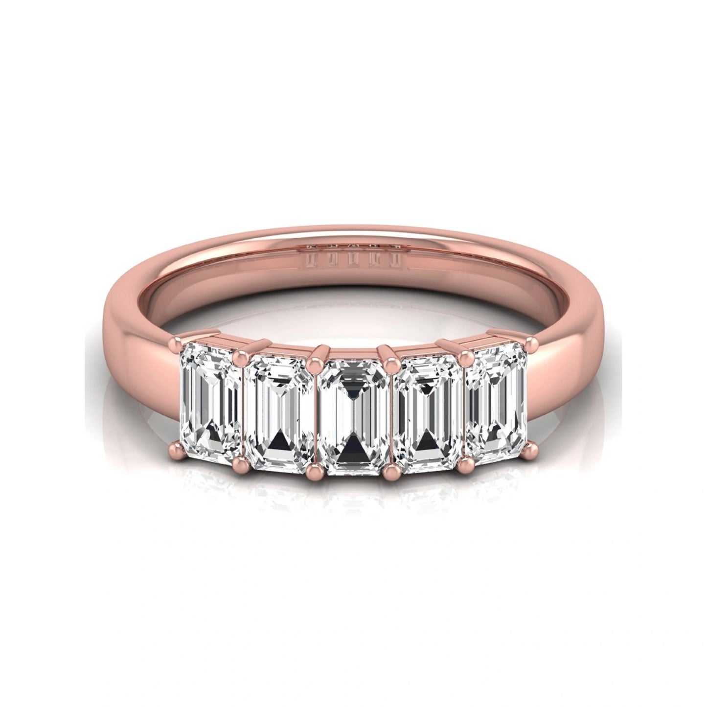 Emerald cut five stone lab grown diamond anniversary ring featuring five emerald cut diamonds in a shared prong setting with a rose gold tone band.