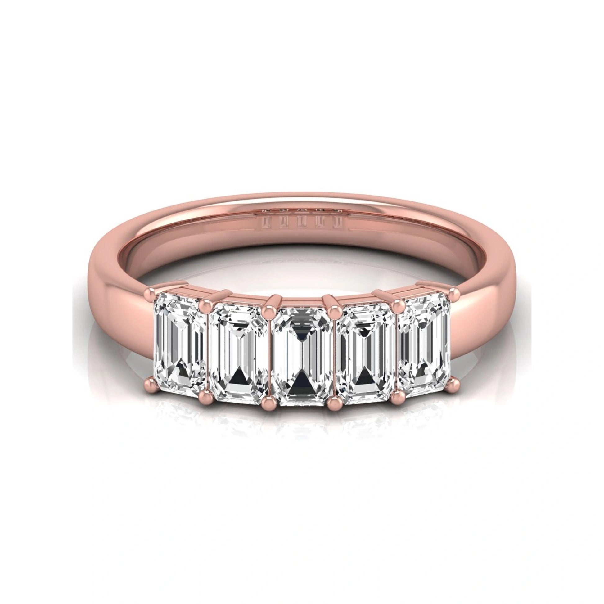 Emerald cut five stone lab grown diamond anniversary ring featuring five emerald cut diamonds in a shared prong setting with a rose gold tone band.