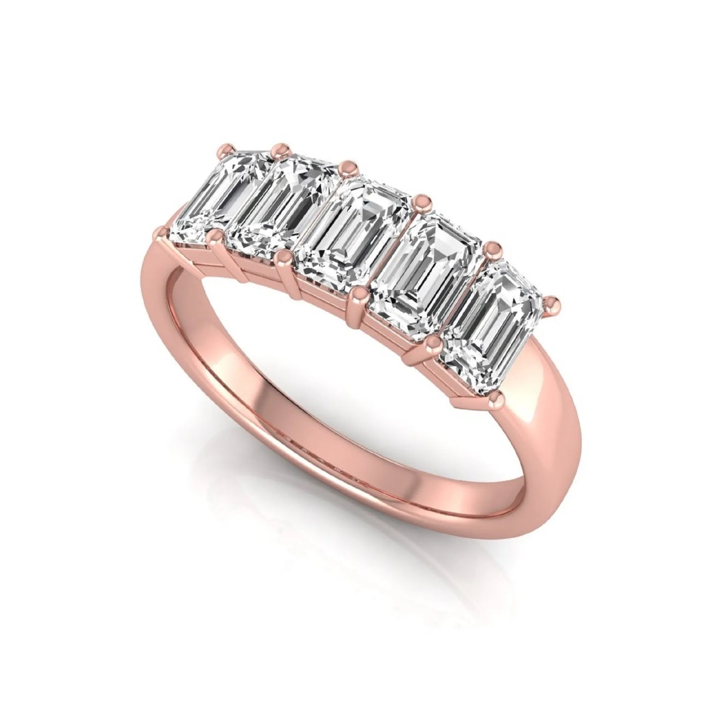 Emerald cut five stone lab grown diamond anniversary ring featuring five emerald cut diamonds in a shared prong setting with a rose gold tone band.