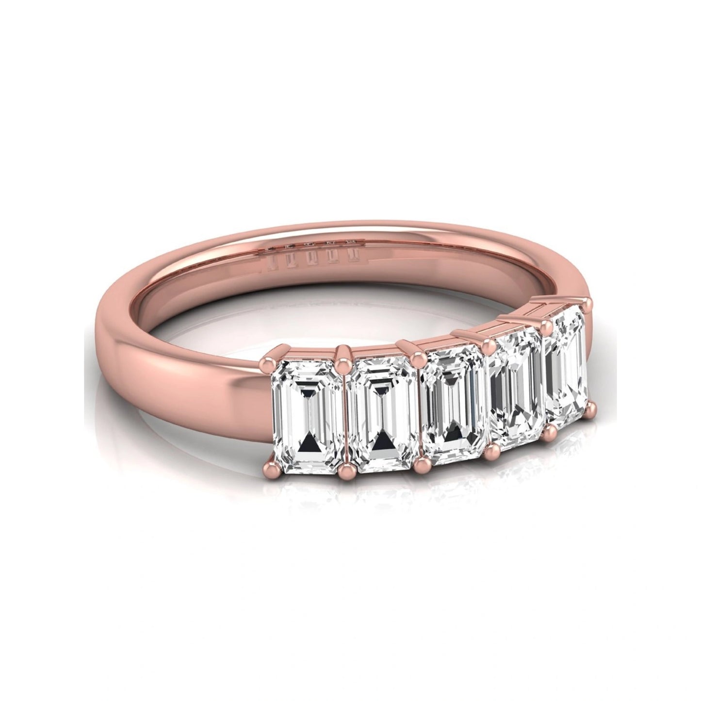 Emerald cut five stone lab grown diamond anniversary ring featuring five emerald cut diamonds in a shared prong setting with a rose gold tone band.