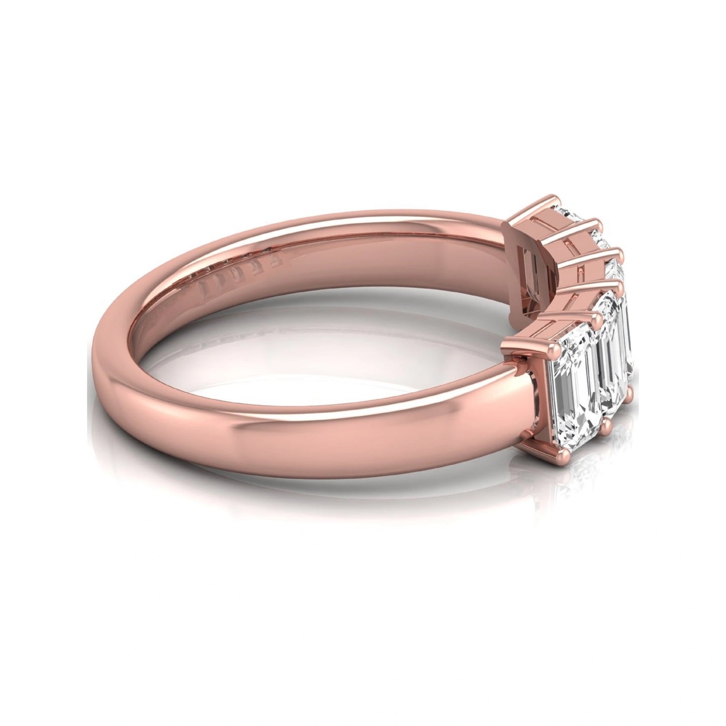 Emerald cut five stone lab grown diamond anniversary ring featuring five emerald cut diamonds in a shared prong setting with a rose gold tone band.