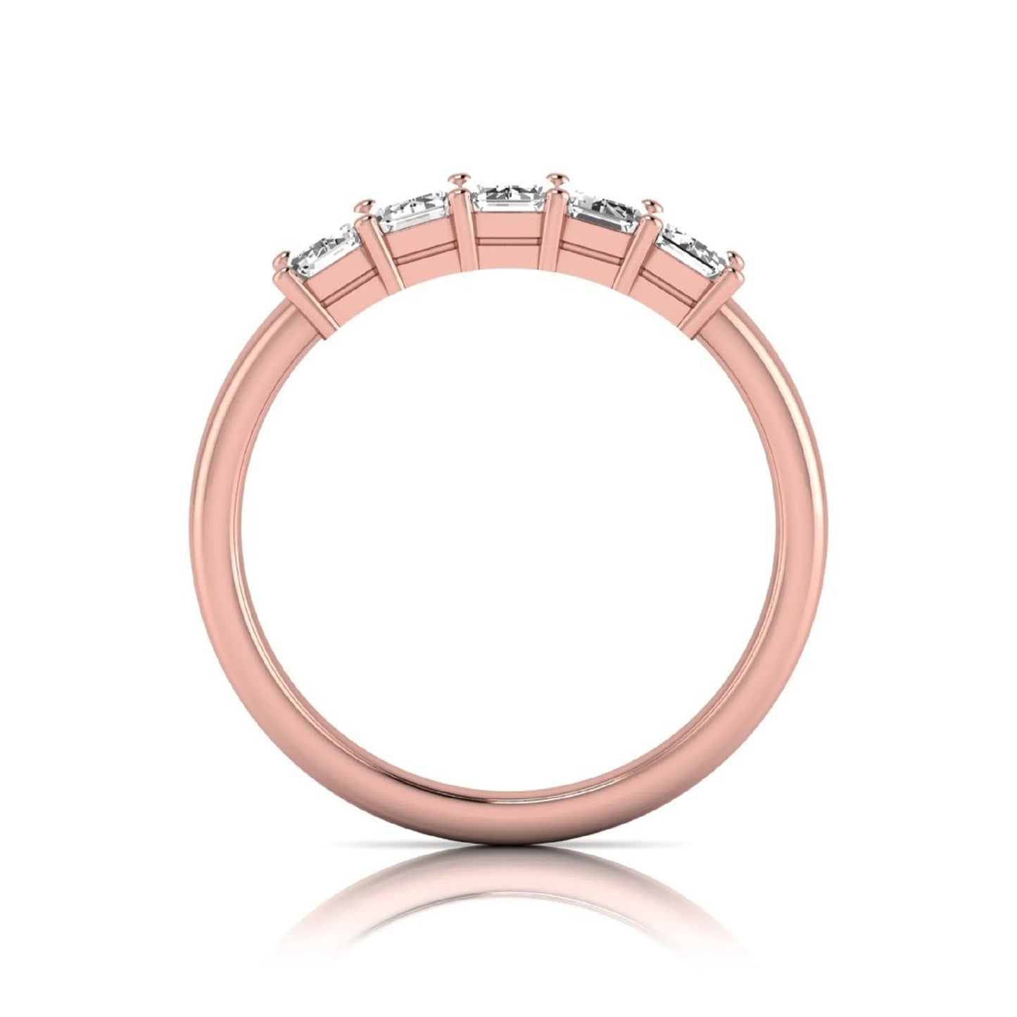 Emerald cut five stone lab grown diamond anniversary ring featuring five emerald cut diamonds in a shared prong setting with a rose gold tone band.