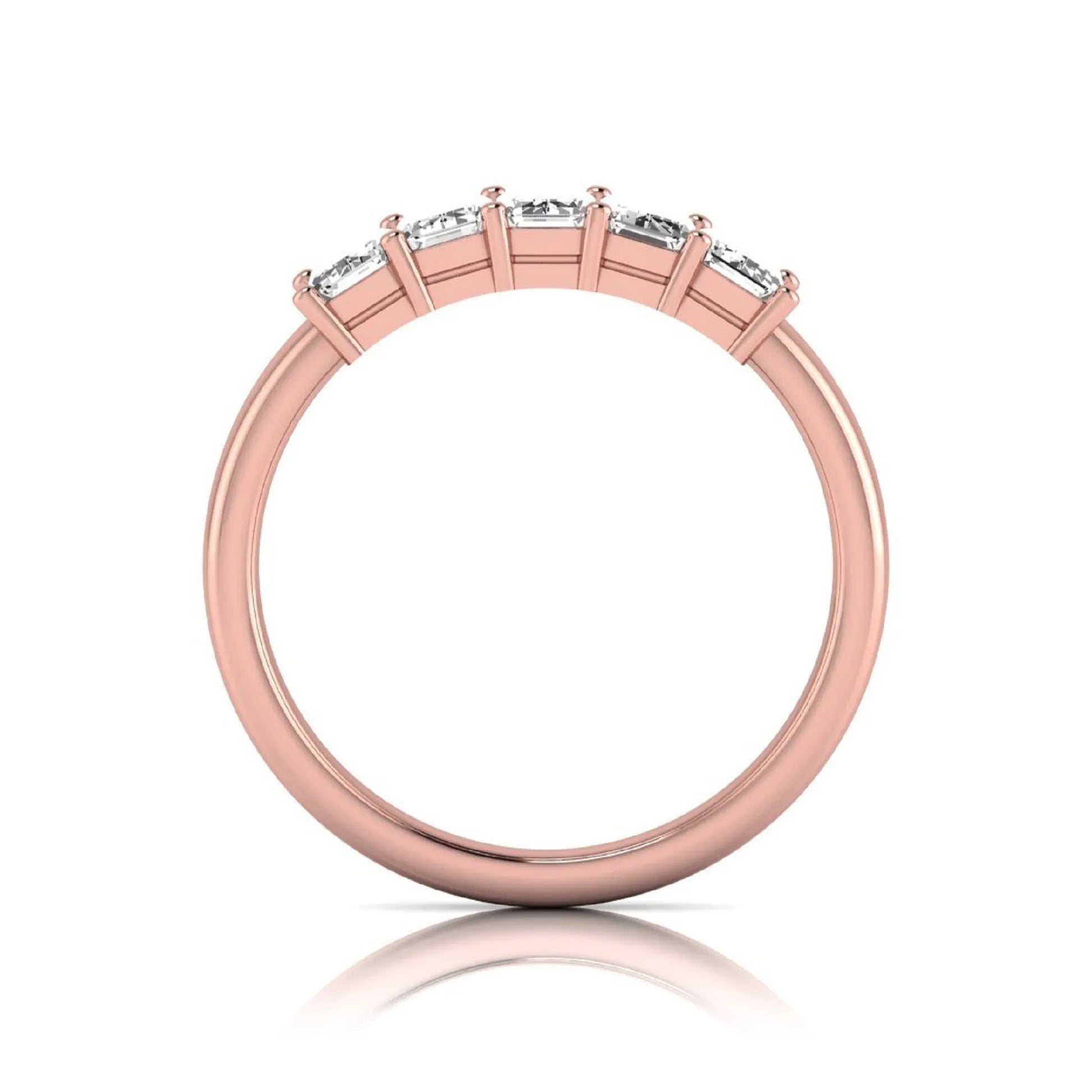 Emerald cut five stone lab grown diamond anniversary ring featuring five emerald cut diamonds in a shared prong setting with a rose gold tone band.