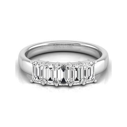 Emerald cut five stone lab grown diamond anniversary ring featuring five emerald cut diamonds in a shared prong setting with a white gold tone band.