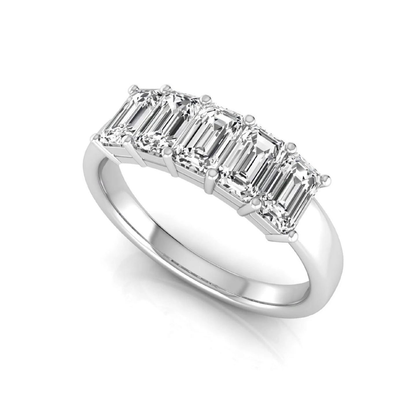Emerald cut five stone lab grown diamond anniversary ring featuring five emerald cut diamonds in a shared prong setting with a white gold tone band.