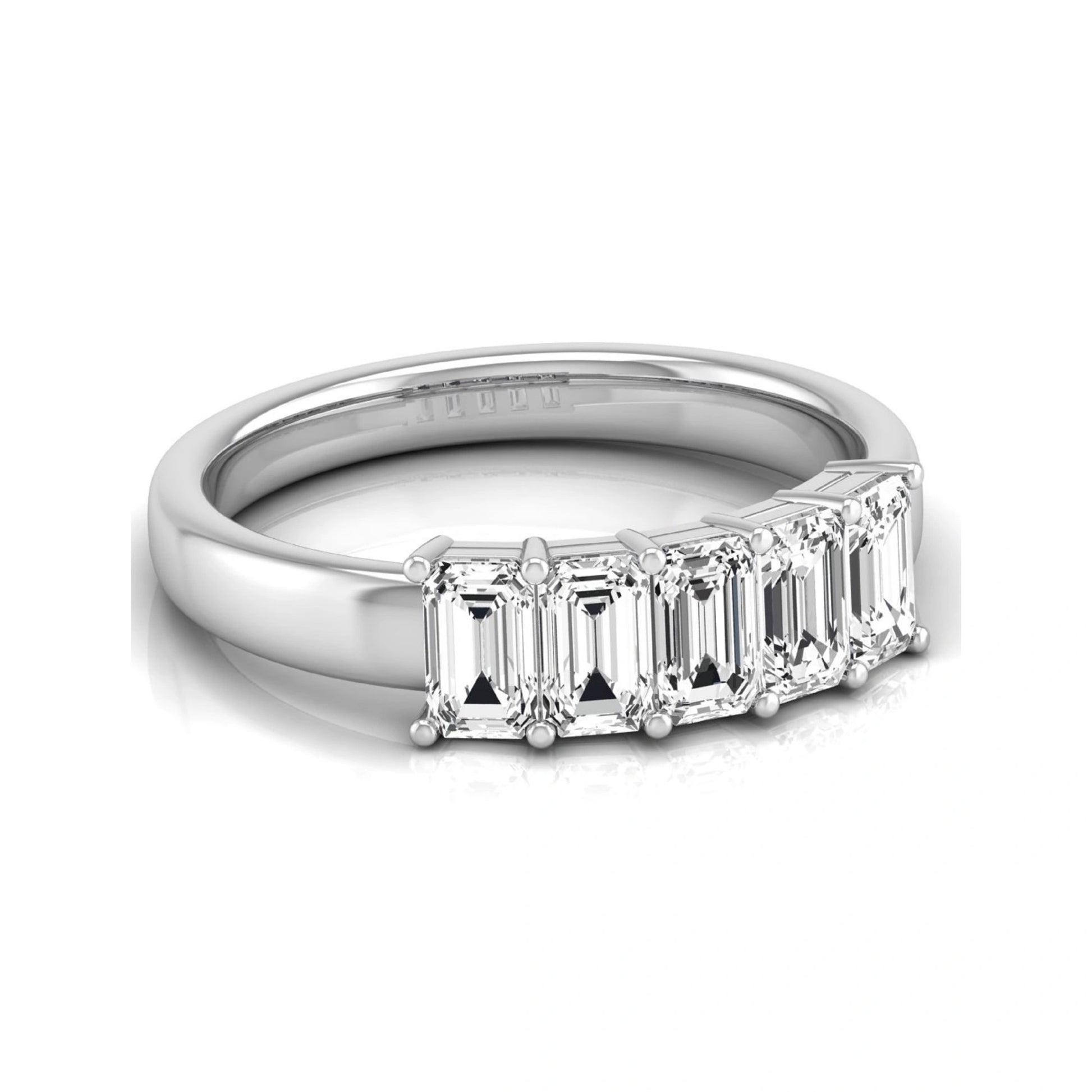 Emerald cut five stone lab grown diamond anniversary ring featuring five emerald cut diamonds in a shared prong setting with a white gold tone band.