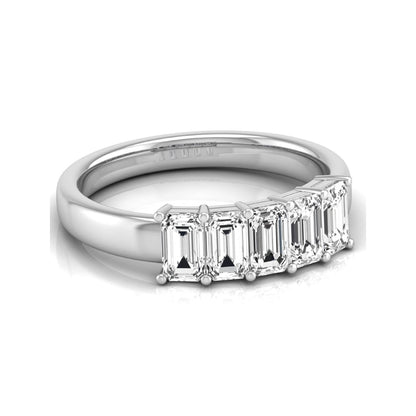 Emerald cut five stone lab grown diamond anniversary ring featuring five emerald cut diamonds in a shared prong setting with a white gold tone band.