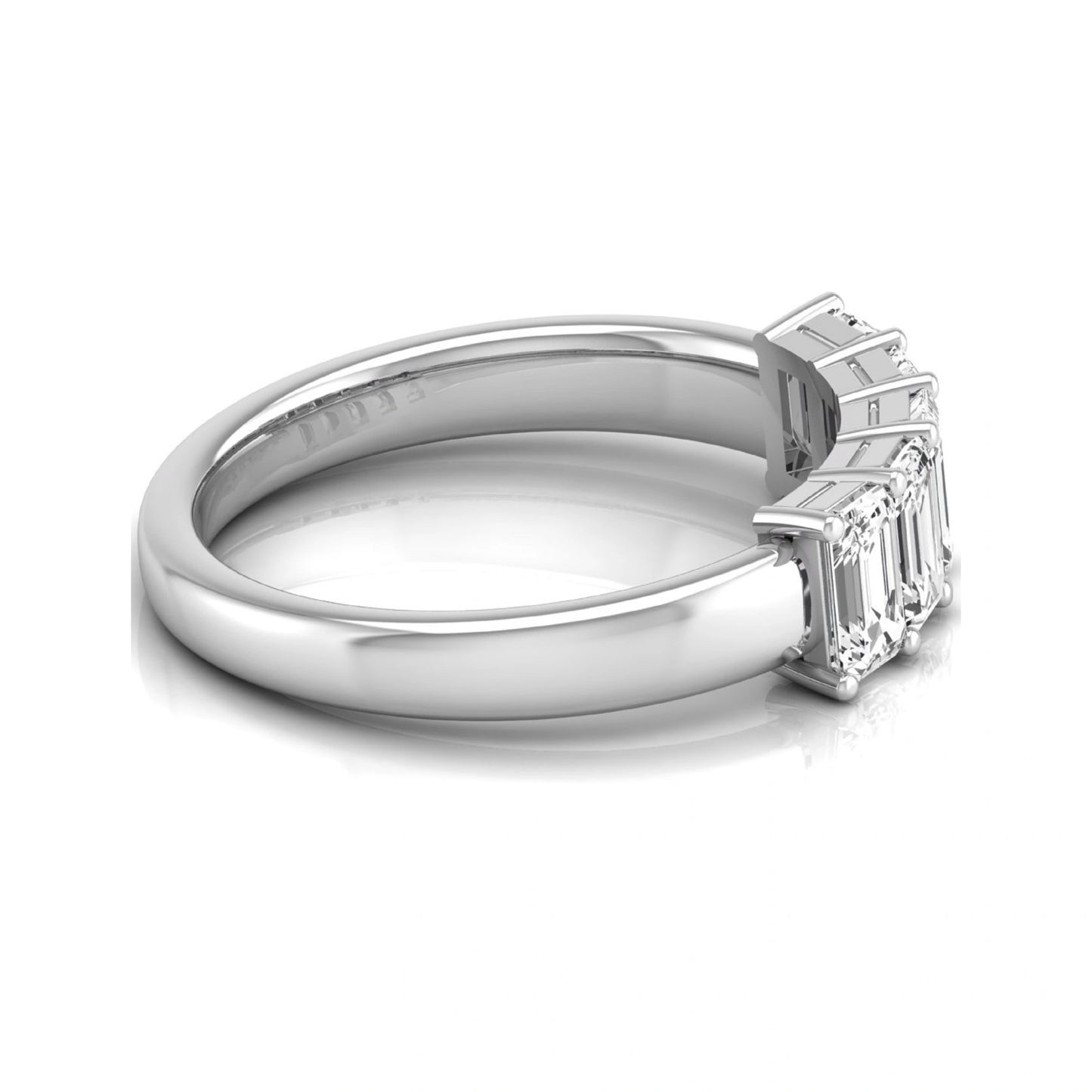 Emerald cut five stone lab grown diamond anniversary ring featuring five emerald cut diamonds in a shared prong setting with a white gold tone band.