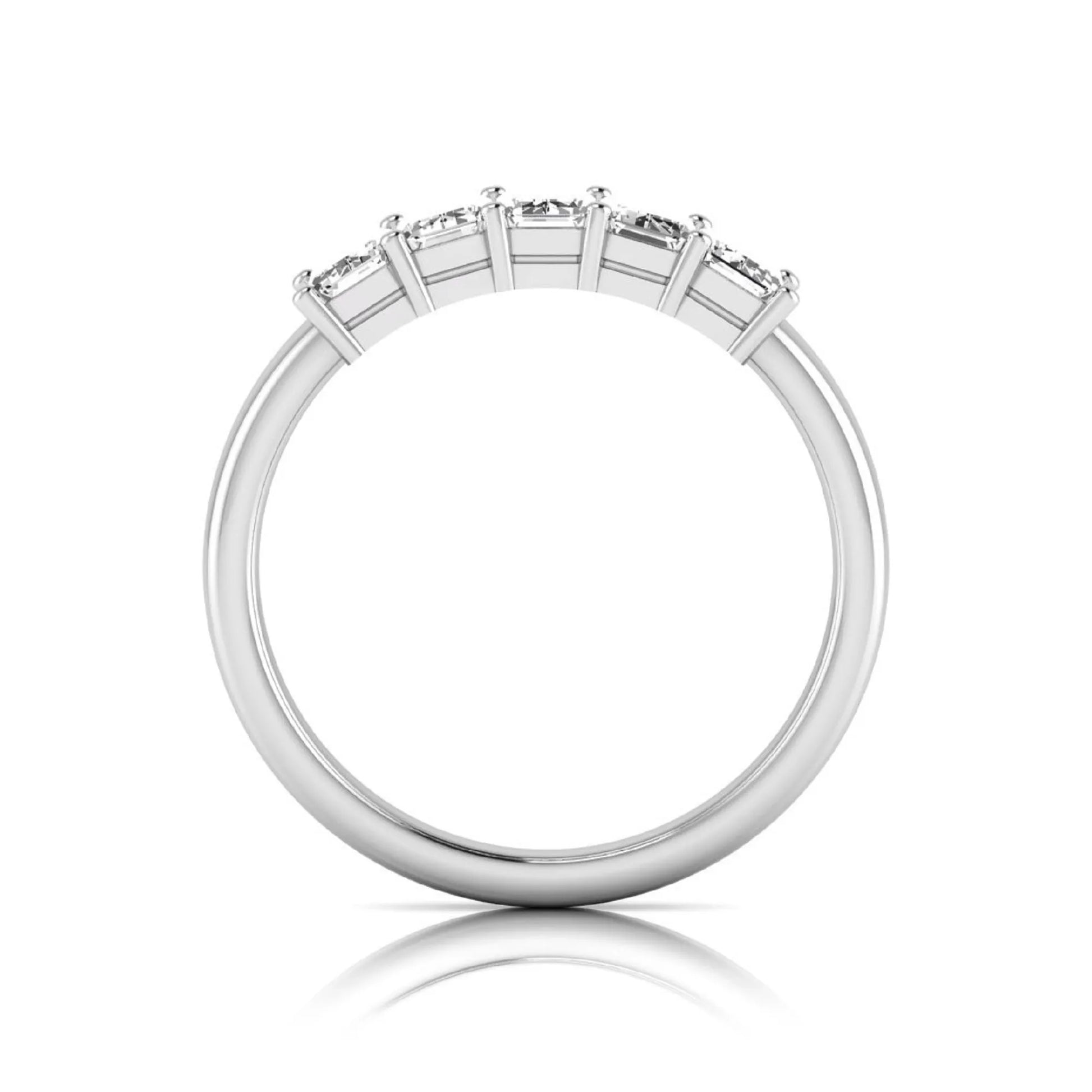 Emerald cut five stone lab grown diamond anniversary ring featuring five emerald cut diamonds in a shared prong setting with a white gold tone band.