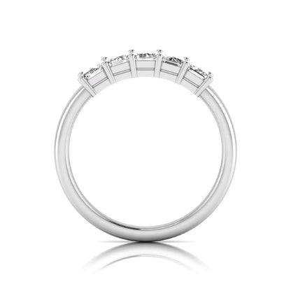 Emerald cut five stone lab grown diamond anniversary ring featuring five emerald cut diamonds in a shared prong setting with a white gold tone band.