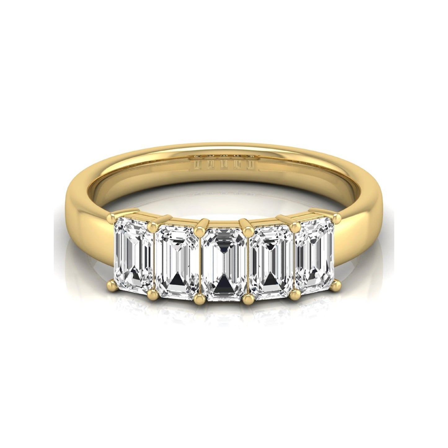 Emerald cut five stone lab grown diamond anniversary ring featuring five emerald cut diamonds in a shared prong setting with a yellow gold tone band.