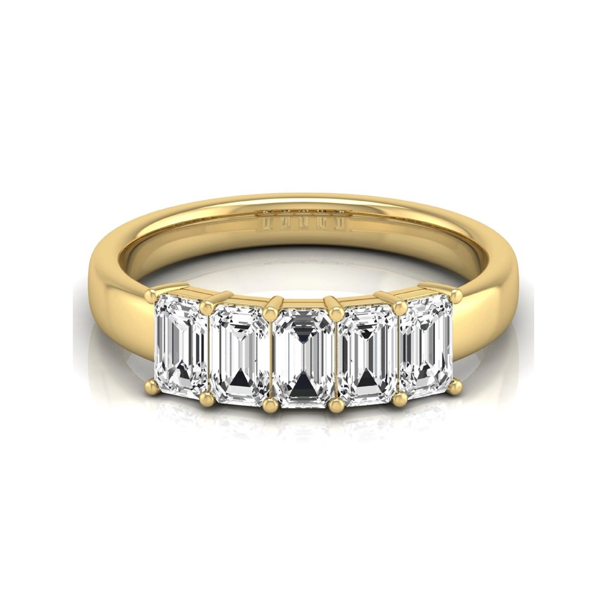 Emerald cut five stone lab grown diamond anniversary ring featuring five emerald cut diamonds in a shared prong setting with a yellow gold tone band.