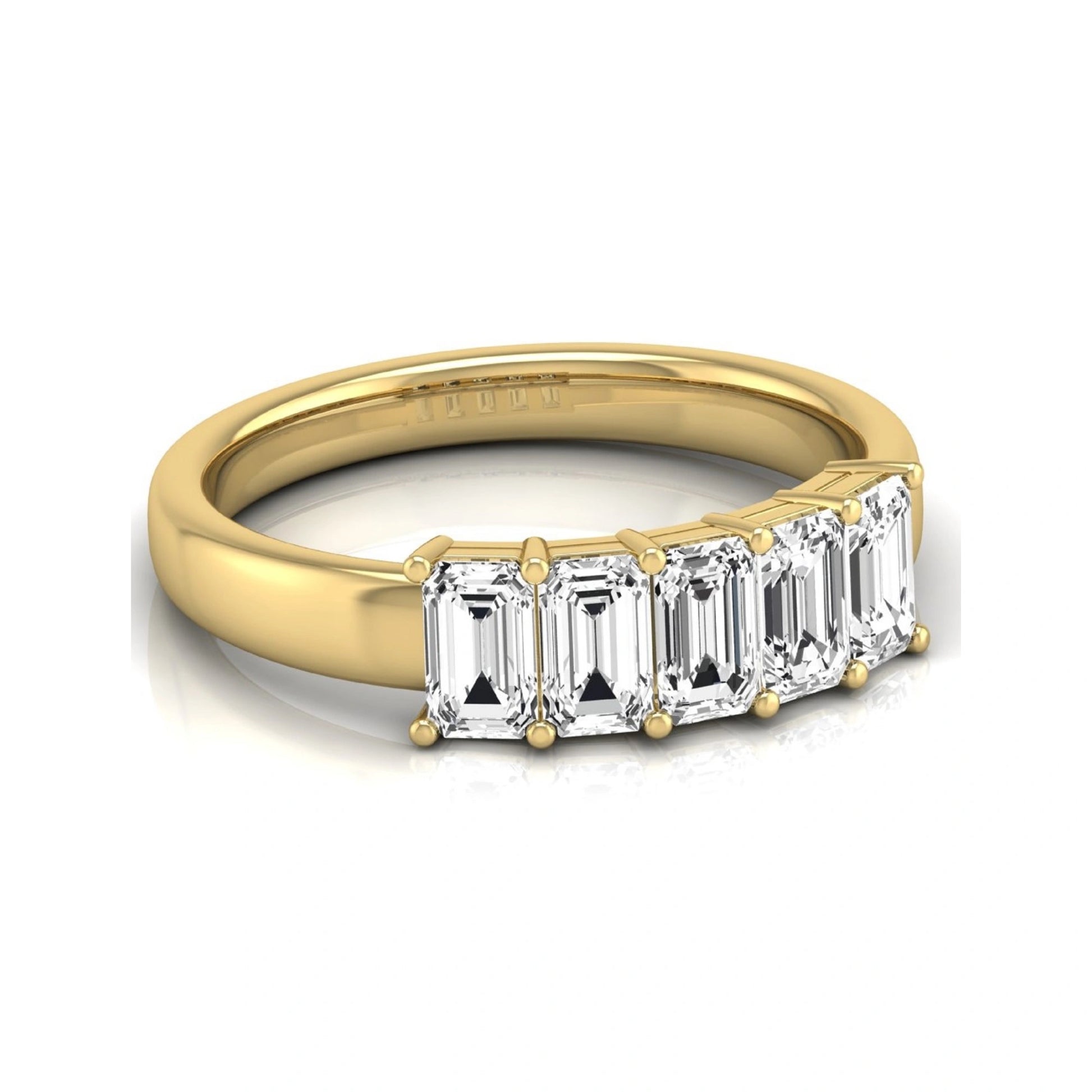 Emerald cut five stone lab grown diamond anniversary ring featuring five emerald cut diamonds in a shared prong setting with a yellow gold tone band.